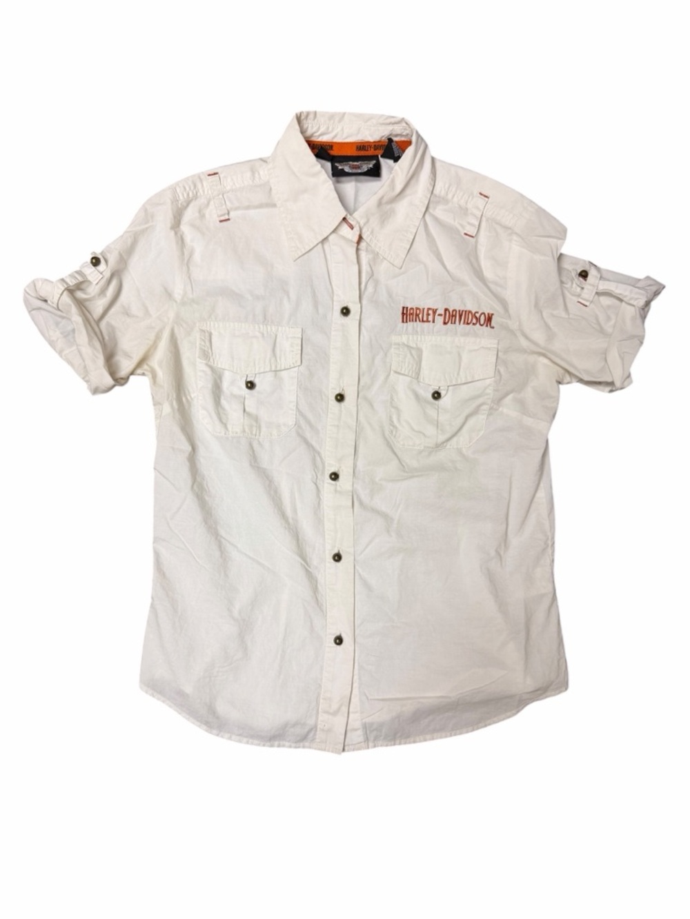 Harley Davidson Utility Shirt Y2K Moto Workwear Cream Button Up Small - Picture 2 of 6